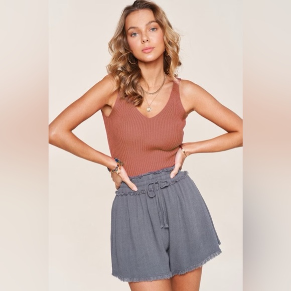 Brown Ribbed V Neck Tank Top Light Weight More Colors - Picture 2 of 6